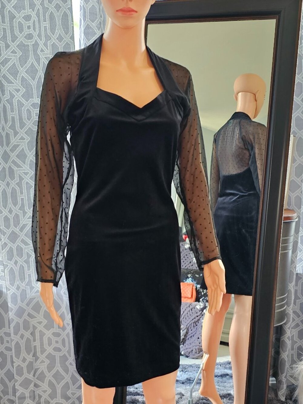 Charlotte Halton Velvet & Sheer Polka‑Dot Sleeve Dress, UK 12 (US 6/8) Vintage